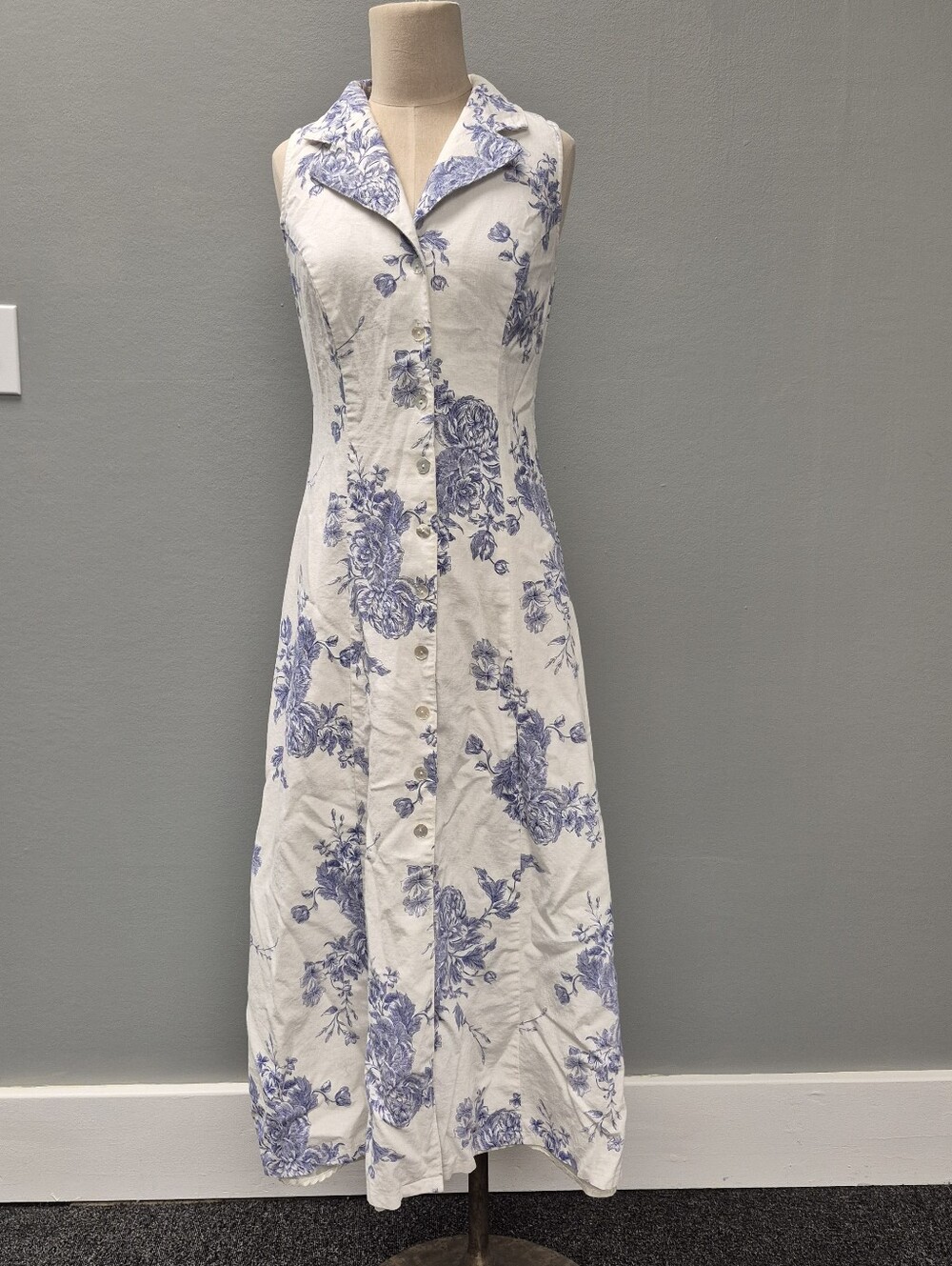 Sheri Martin White Linen Blend Shirt Dress with Blue Floral Print